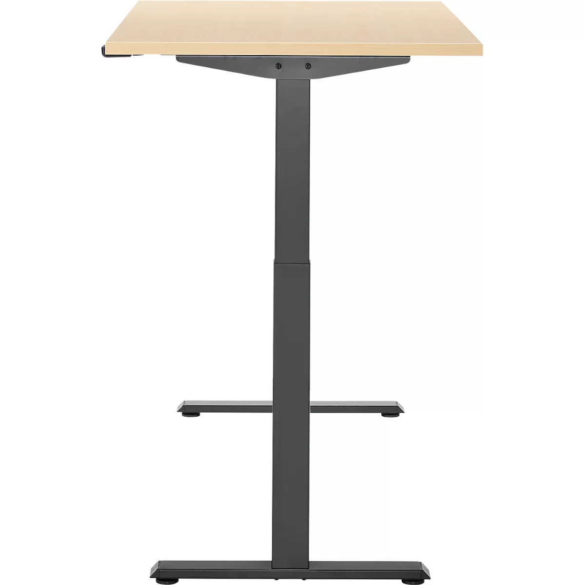 Staande bureau in lichte houtlook met grijs frame. Het is in hoogte verstelbaar en staat op een vierkante voet.