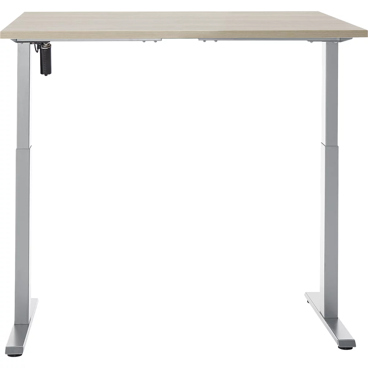 Lichtbruine, in hoogte verstelbare bureau met zilveren poten, op een witte achtergrond.