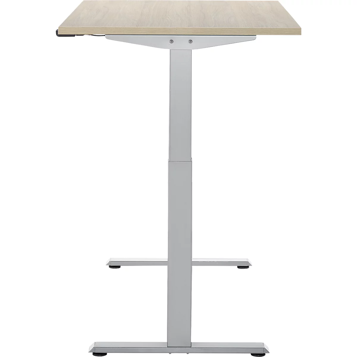 In hoogte verstelbaar bureau met een lichtbruin tafelblad en een grijs metalen frame.