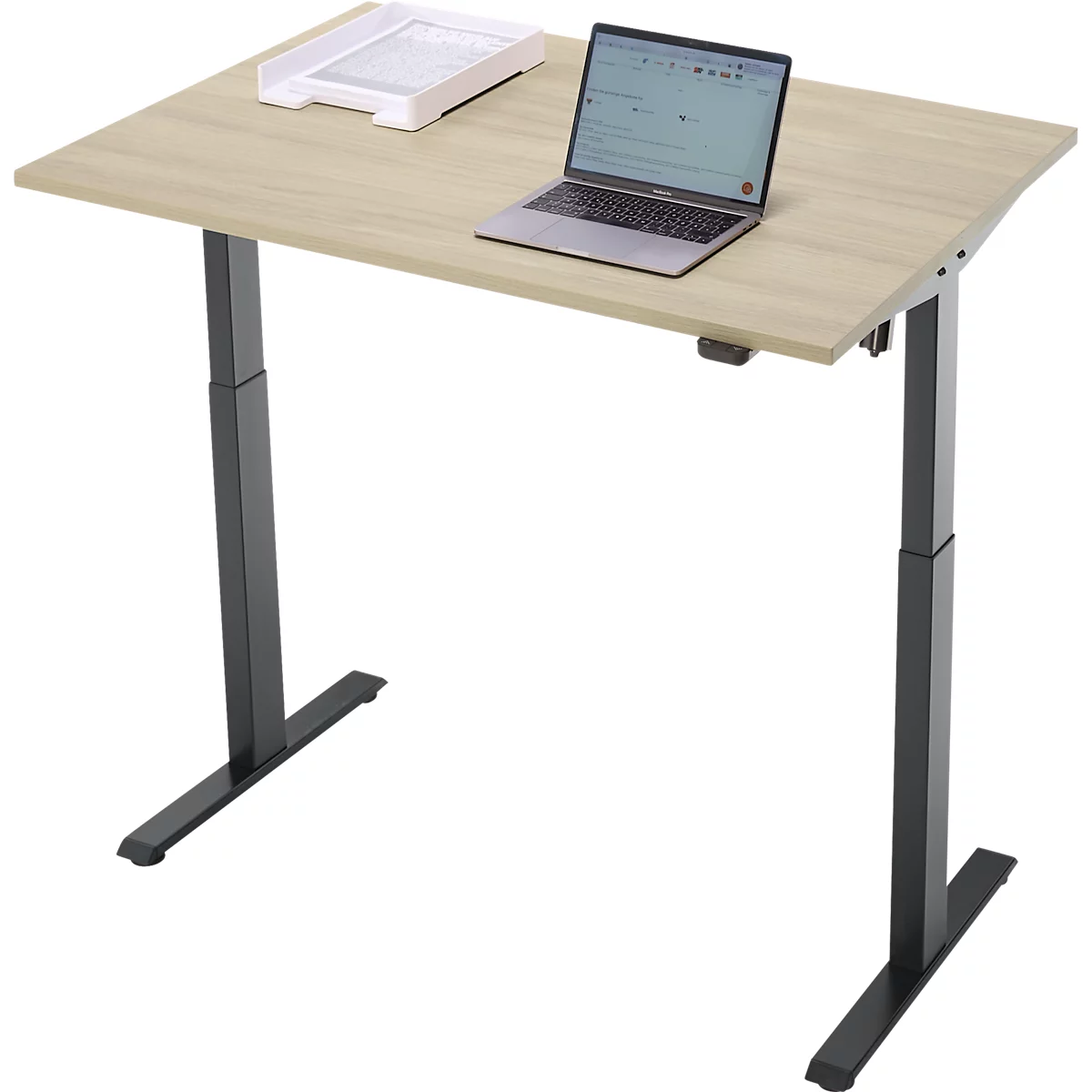 Beige bureau met zwart frame. Daarop een laptop en een witte lade.