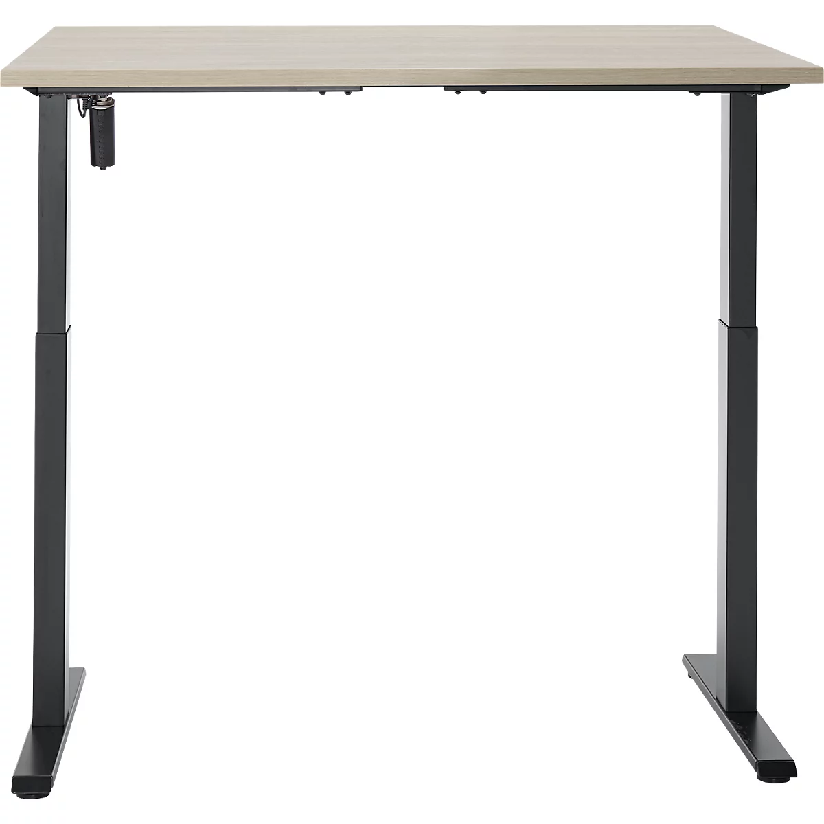 In hoogte verstelbaar bureau met lichtbruin tafelblad en zwarte poten.