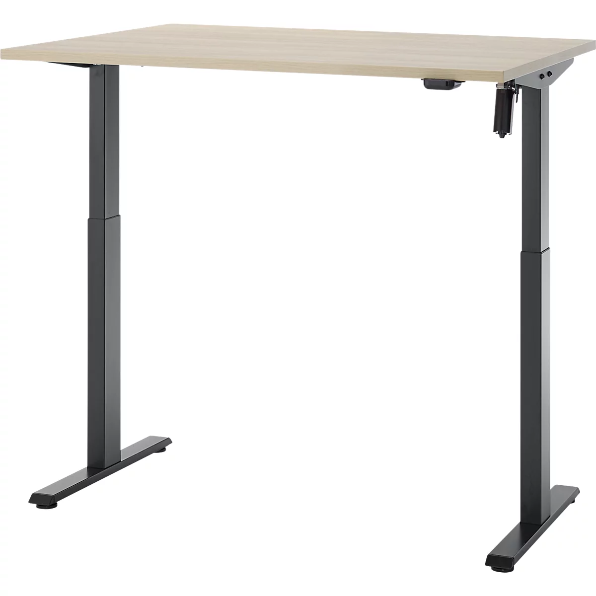 Statafel in licht houten design, met donkere in hoogte verstelbare poten. De tafel is leeg.