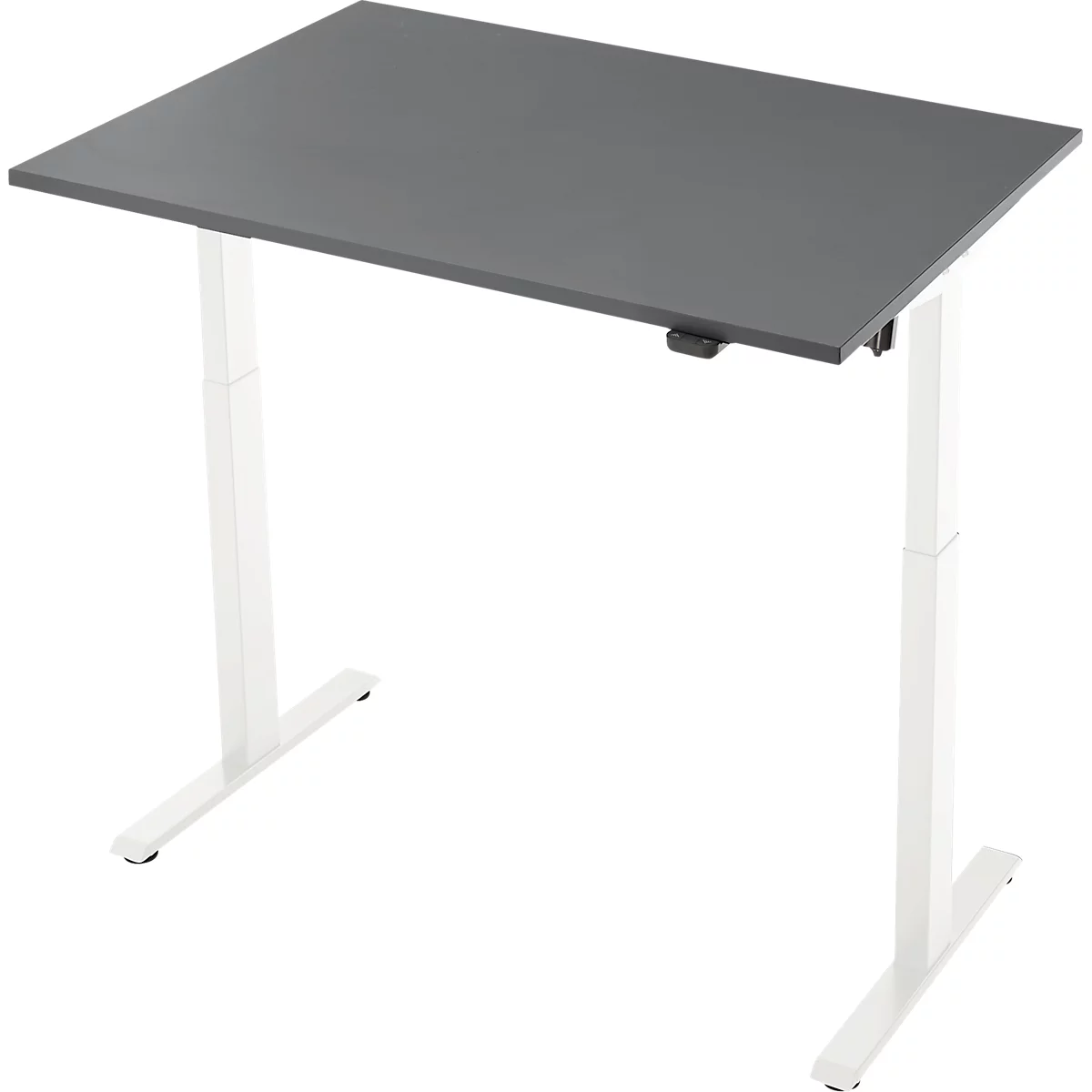 Grijze in hoogte verstelbare bureau met wit frame, enigszins schuin van bovenaf gefotografeerd.