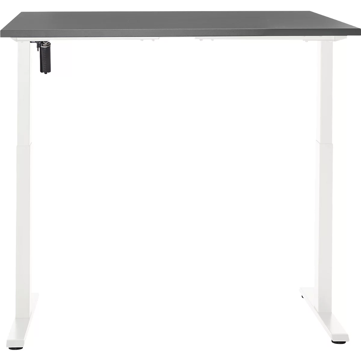 Een in hoogte verstelbaar bureau met een grijs tafelblad en witte poten, vrijstaand.