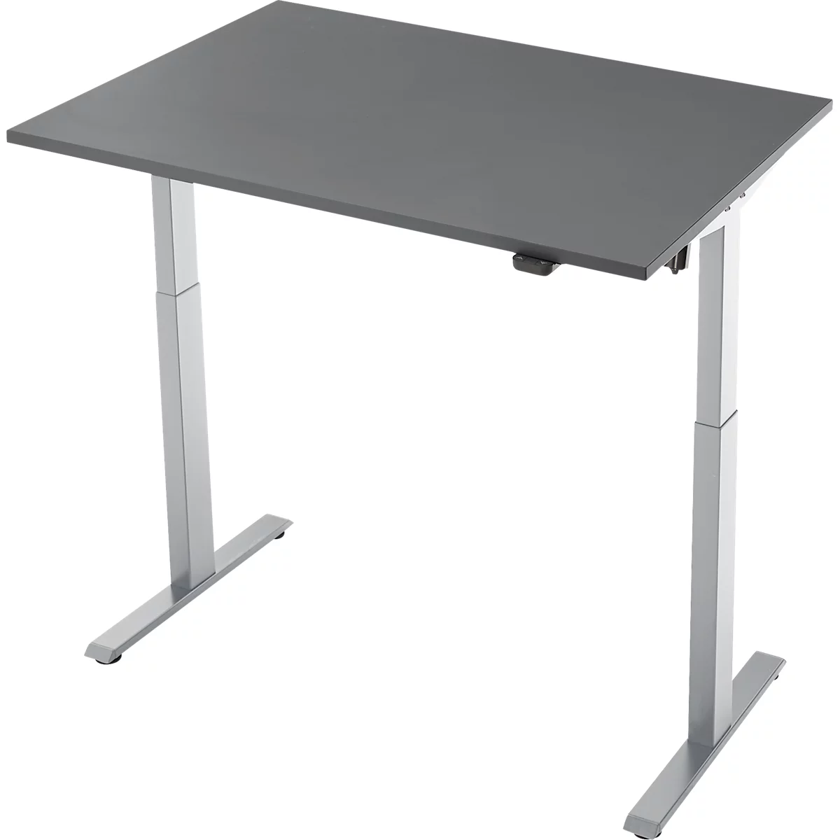 Een grijze, in hoogte verstelbare bureau, perspectief van bovenaf. Het grijze tafelblad staat op zilveren kolommen.