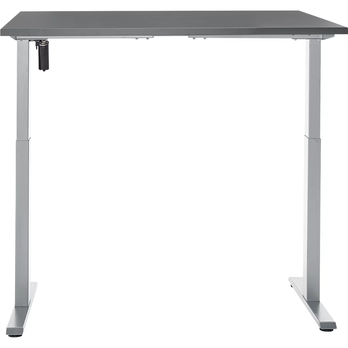 Een in hoogte verstelbaar bureau met een grijs tafelblad en zilveren poten. Het mechanisme is zichtbaar.