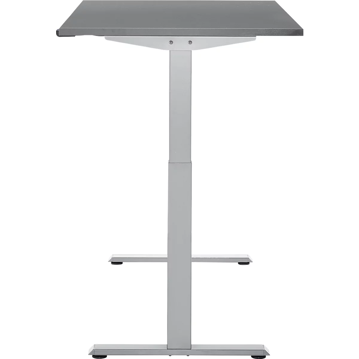 Grijze statafel op witte achtergrond. Rechthoekig tafelblad, centrale standaard, twee dwarsbalken en een vierkante voet.