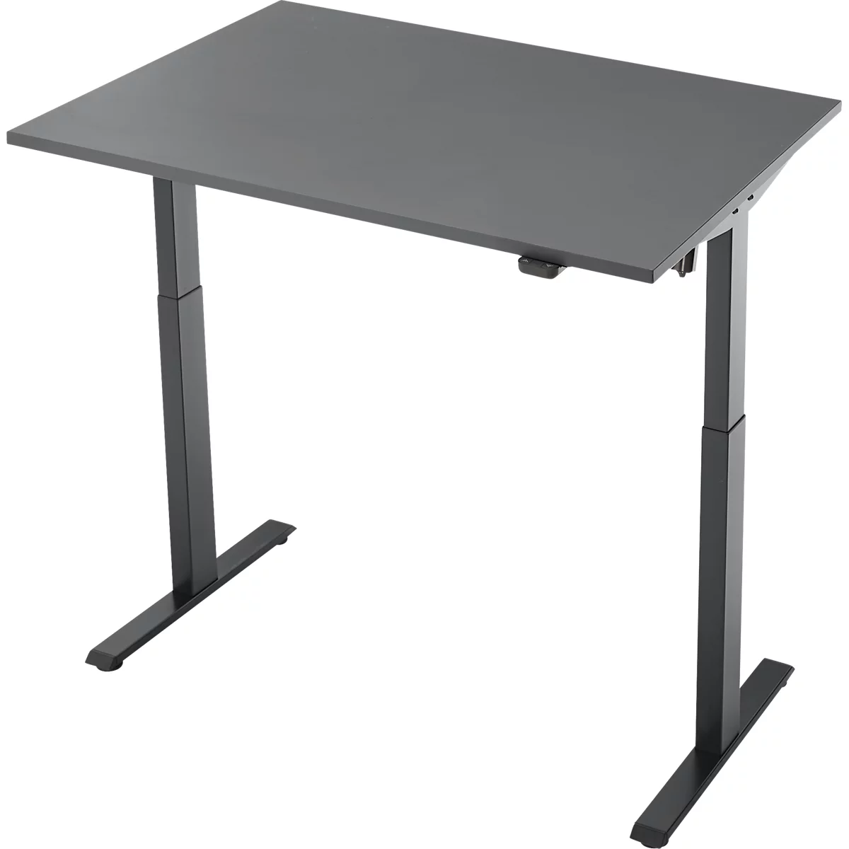 Een in hoogte verstelbaar grijs bureau tegen een witte achtergrond. Het staat op zwarte poten die met een druk op de knop kunnen worden versteld.