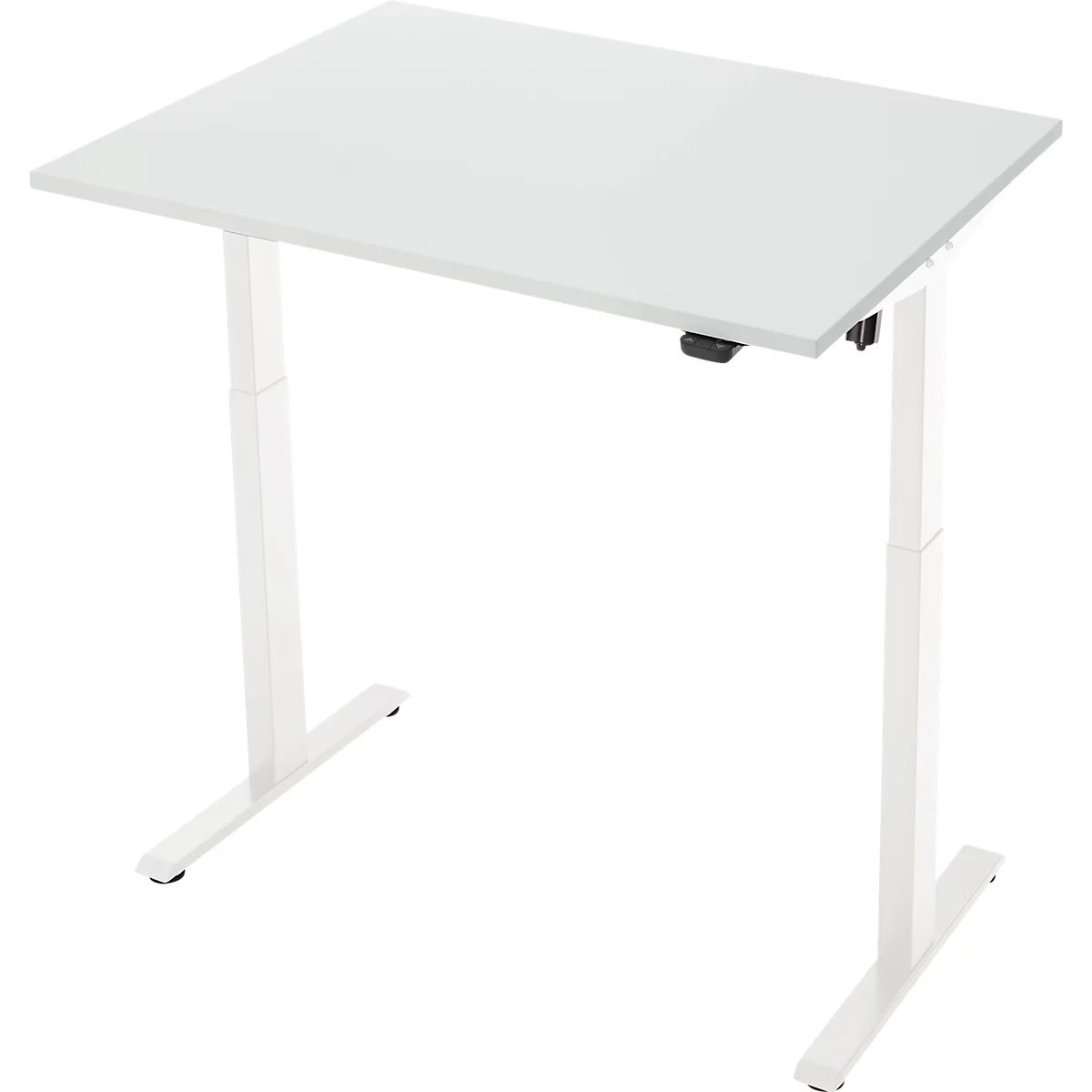 Witte, in hoogte verstelbare bureau met een rechthoekig tafelblad en twee witte poten.