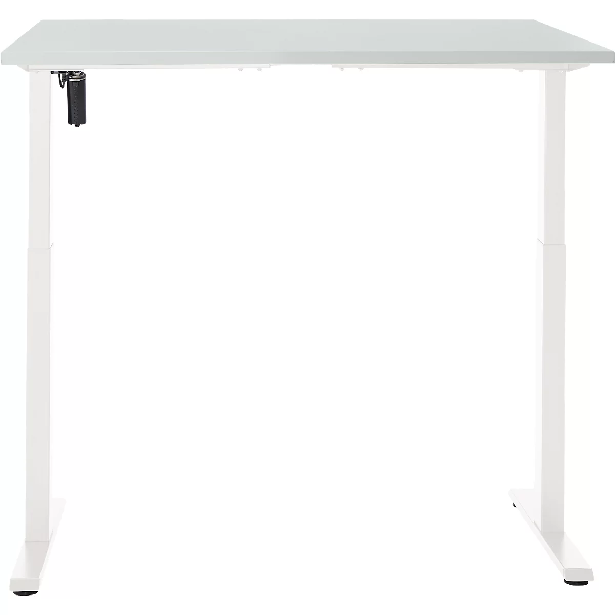 Een witte, in hoogte verstelbare bureau, vierkant, met een lichtgekleurd tafelblad. De poten en het frame zijn wit. Er is een zwart verstelmechanisme aan de zijkant.