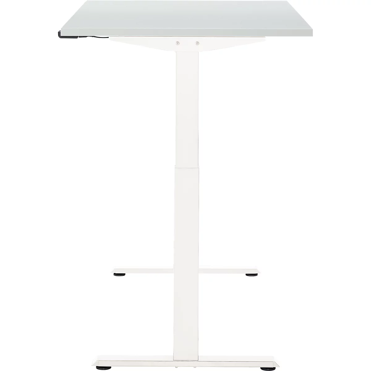 Een witte, in hoogte verstelbare bureau. Het heeft een vierkant tafelblad en een strak, minimalistisch ontwerp.