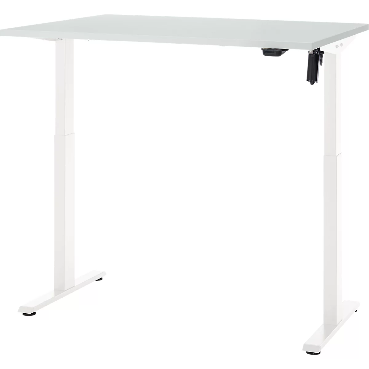 Witte, in hoogte verstelbare bureau tegen een lichte achtergrond. Het bureau heeft een rechthoekig werkoppervlak en twee poten.