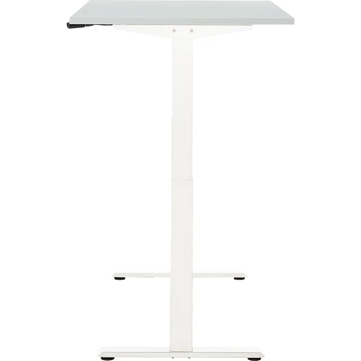 Een witte statafel met een rechthoekig tafelblad en een in hoogte verstelbaar frame. De tafel staat tegen een witte achtergrond.