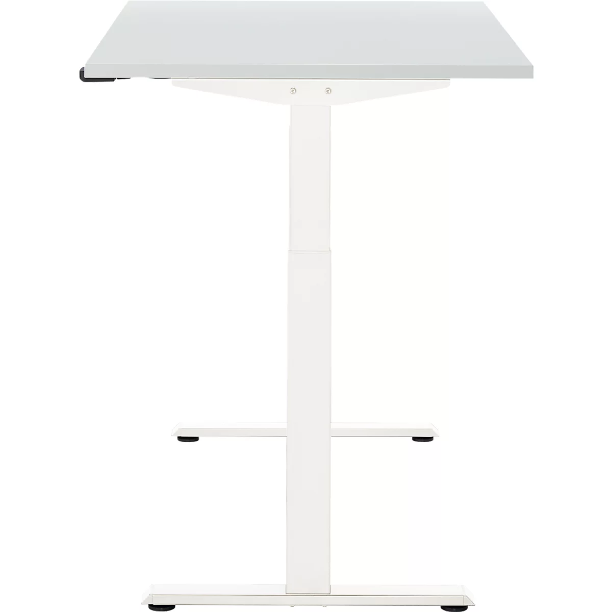 Een witte in hoogte verstelbare bureau met een rechthoekig tafelblad, tegen een witte achtergrond.