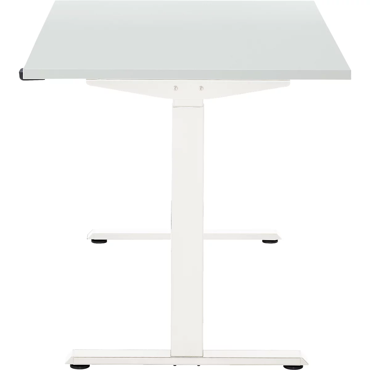 Een witte, in hoogte verstelbare bureau met een rechthoekig tafelblad. Het bureau heeft een strak ontwerp en staat op een stabiele basis.