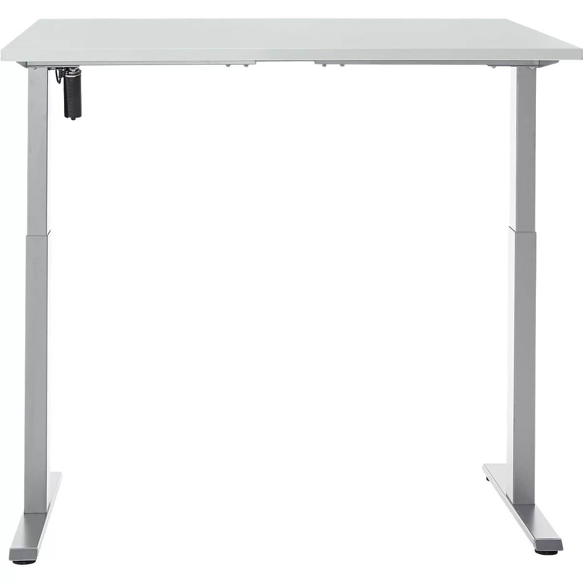 Een verstelbaar, zilverkleurig bureau met een wit tafelblad. Het is gefotografeerd in een eenvoudige studio-stijl tegen een witte achtergrond.