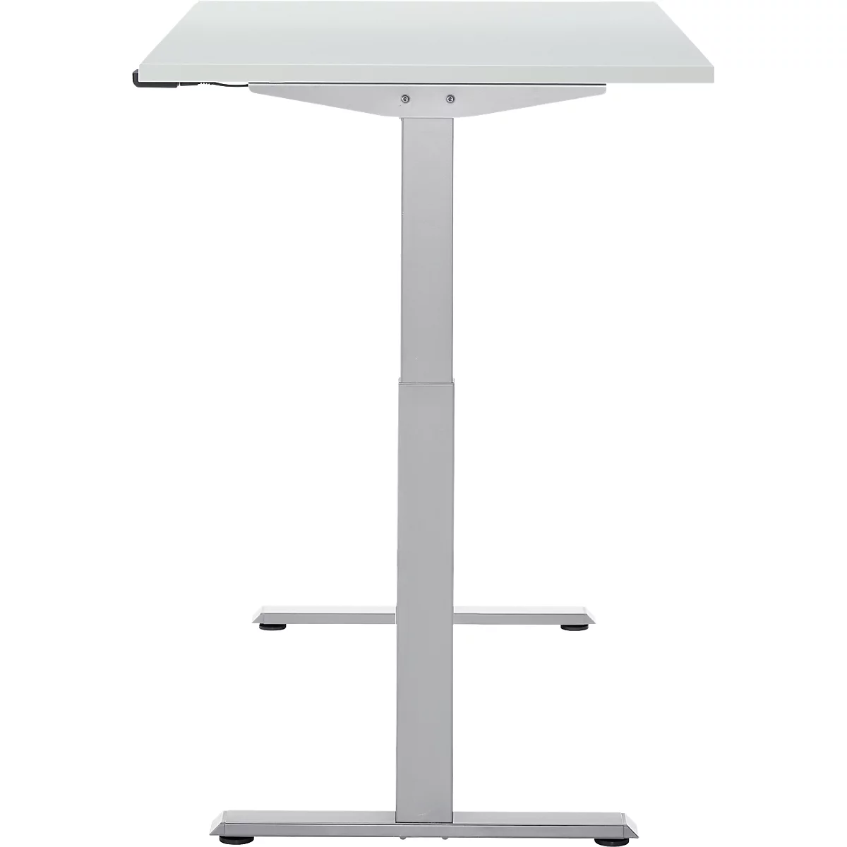 Een in hoogte verstelbaar bureau in lichtgrijs. Het rechthoekige tafelblad is bevestigd aan een kolom die op een rechthoekige voet staat.