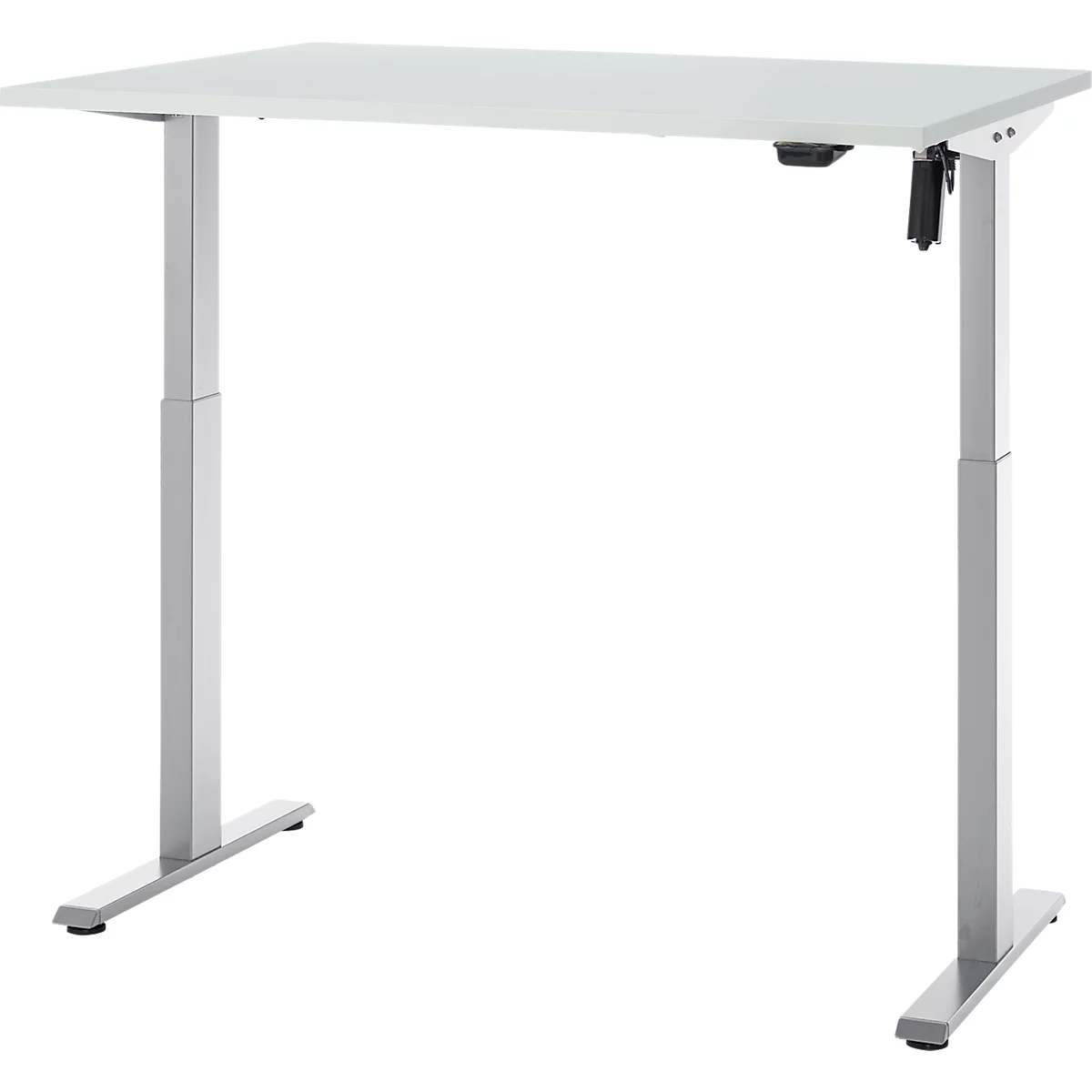 Een witte, in hoogte verstelbare bureau met zilveren poten staat tegen een witte achtergrond.