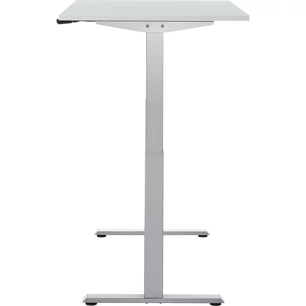 Een wit, in hoogte verstelbaar bureau, geïsoleerd op een witte achtergrond. De constructie is zilver.