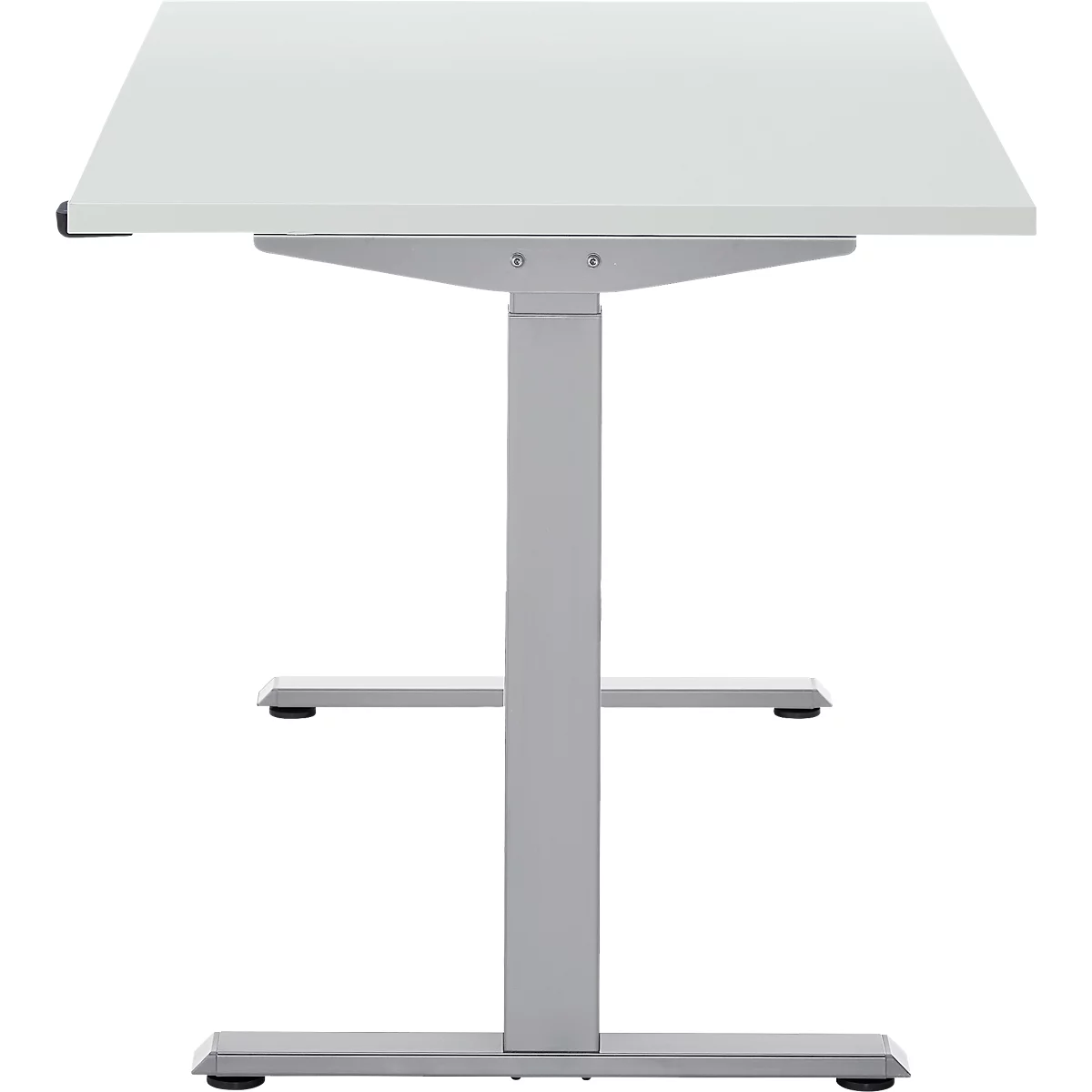 Een witte in hoogte verstelbare bureau, gefotografeerd van onderaf.