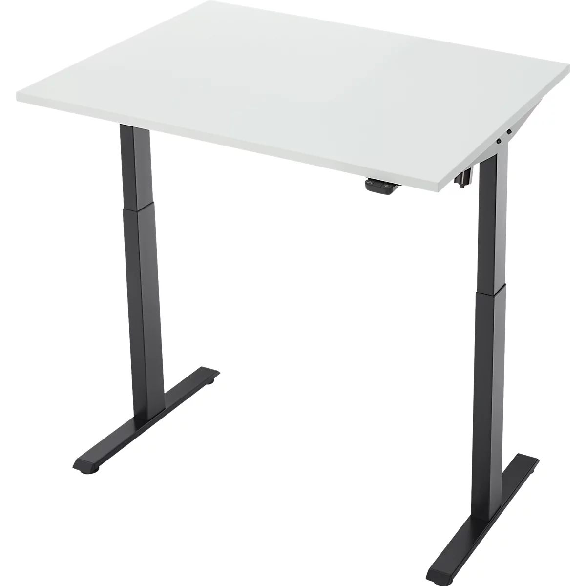 Een in hoogte verstelbaar bureau met een wit tafelblad en zwart frame, staand tegen een witte achtergrond.