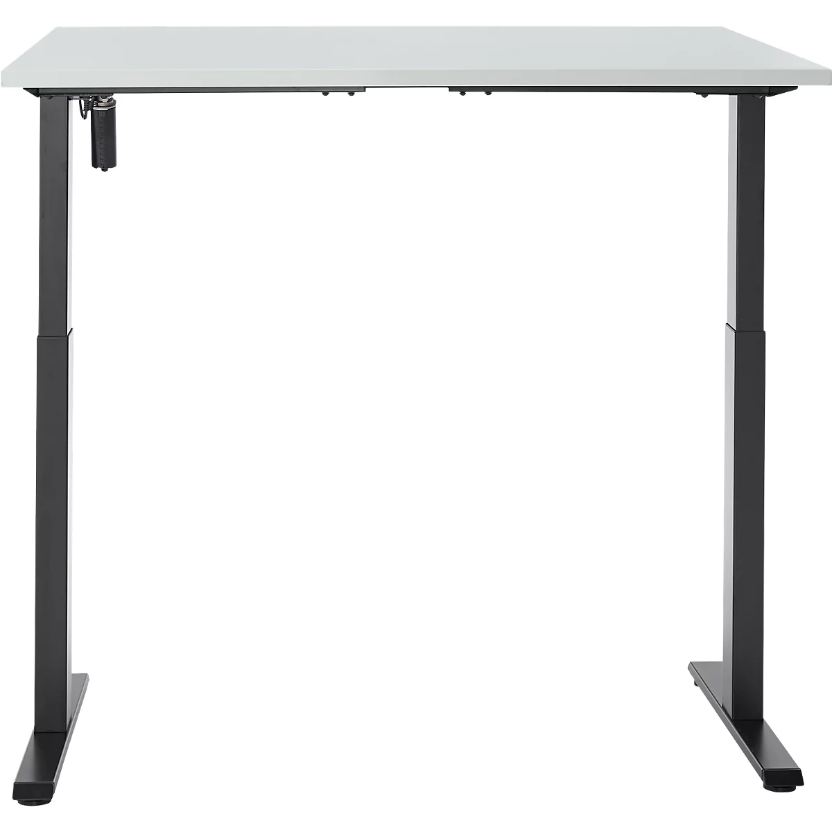 Een in hoogte verstelbaar bureau in zwart en wit tegen een neutrale achtergrond. Het tafelblad is lichtgrijs, de poten zijn zwart.