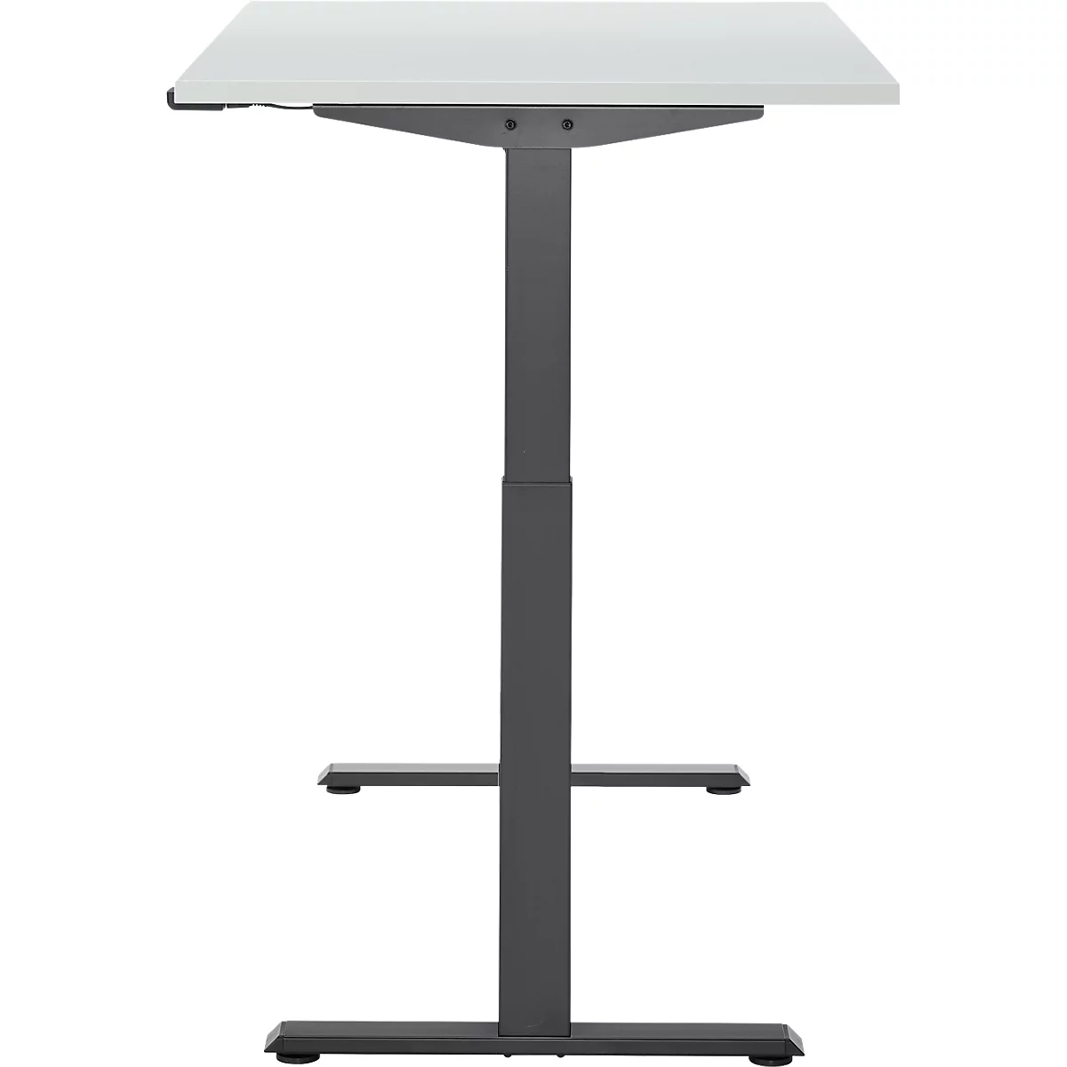 Een in hoogte verstelbaar bureau, bestaande uit een wit tafelblad en een grijs metalen frame.