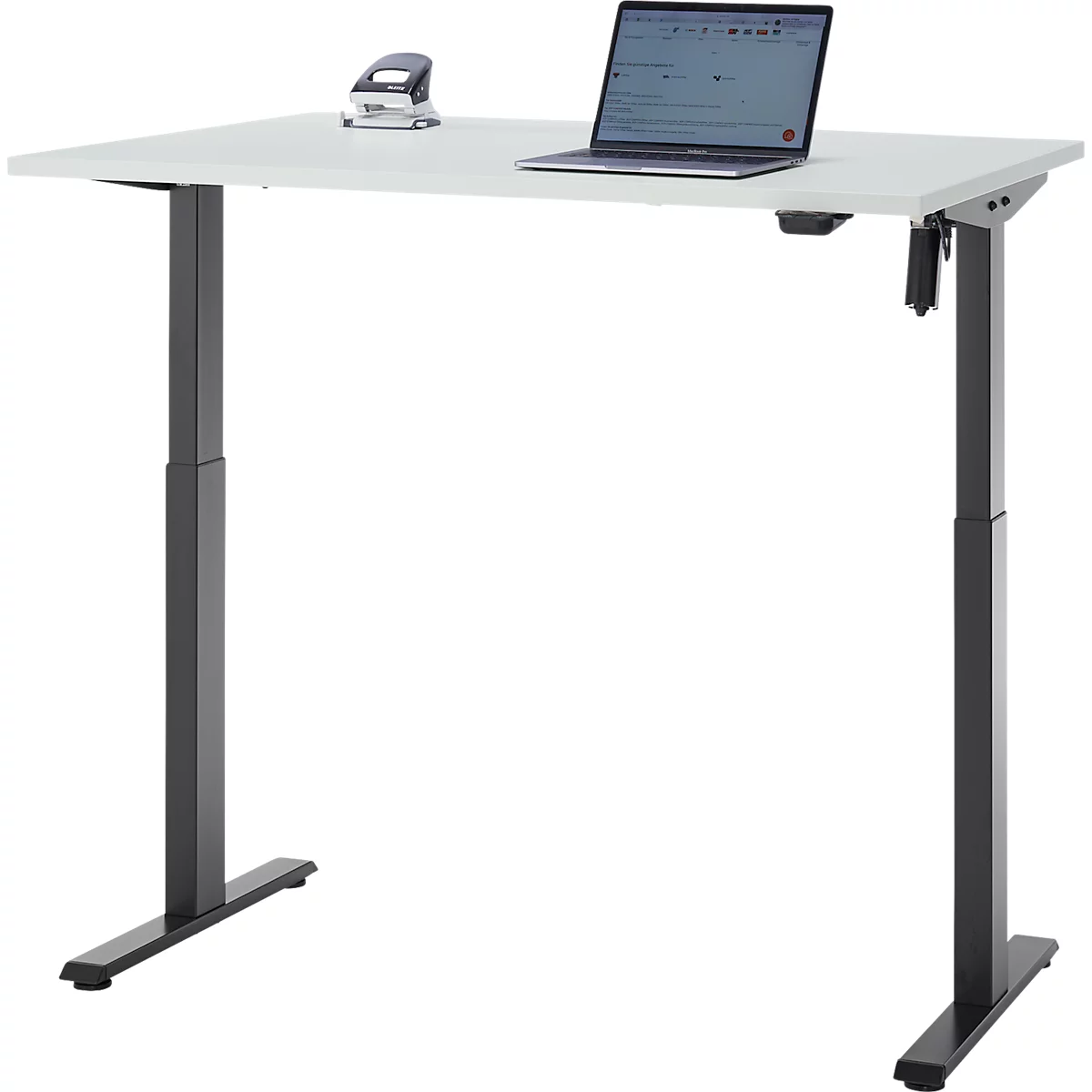In hoogte verstelbaar wit bureau met laptop en nietmachine. Zwart frame. Ideaal voor ergonomisch werken.