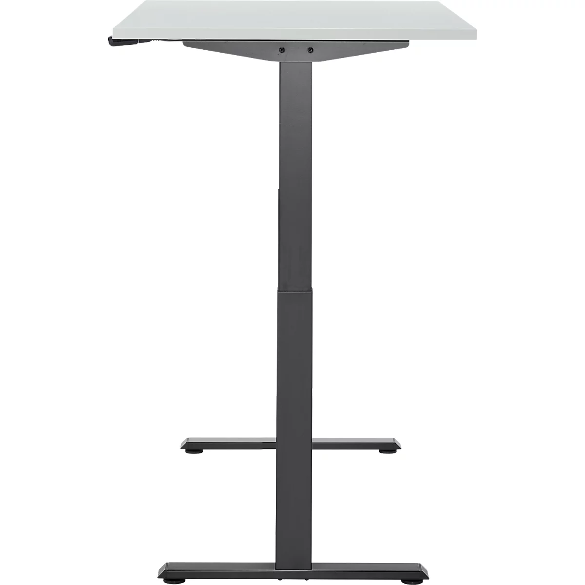 Metalen statafel met wit tafelblad, op witte achtergrond.