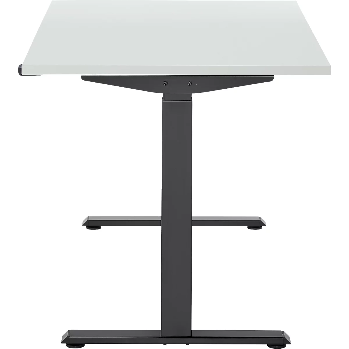 In hoogte verstelbaar bureau met wit tafelblad en grijze kolommen. Twee planken en een brede basis.