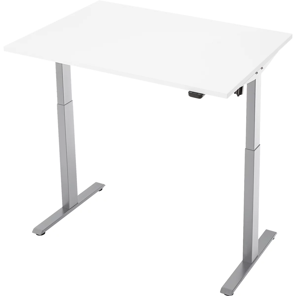 Witte, in hoogte verstelbare bureau met zilveren poten. Detailweergave: werkblad, hefinrichting.