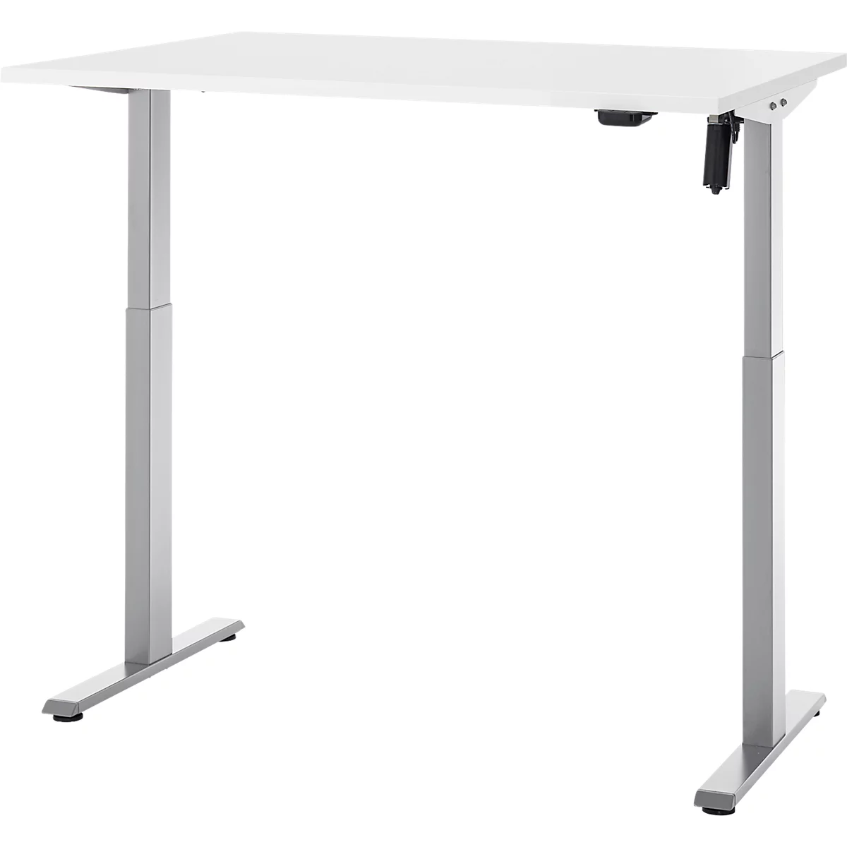 Een witte, in hoogte verstelbare bureau met zilveren poten. Op het tafelblad is een bedieningseenheid te zien.