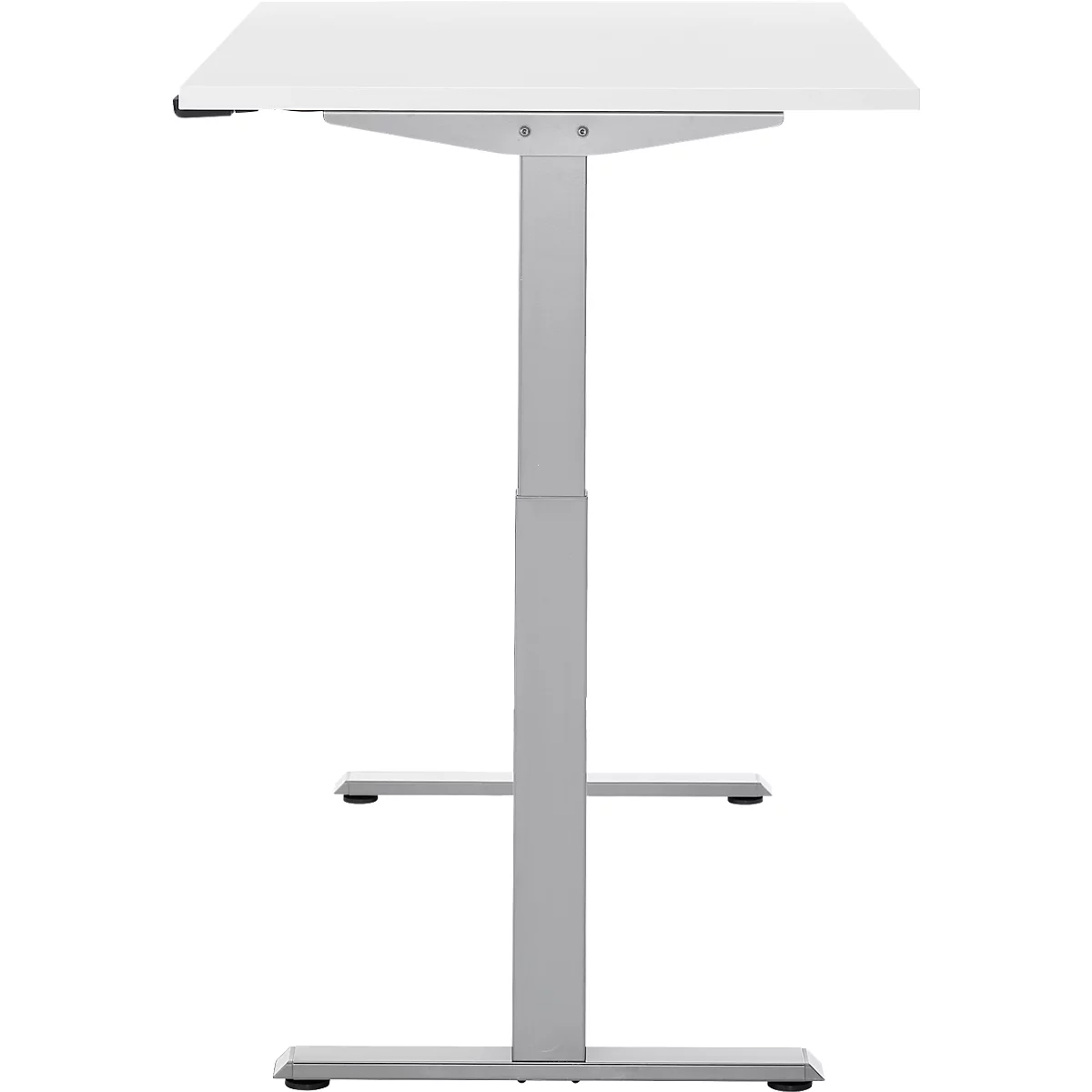 Een wit, in hoogte verstelbaar bureau. Het tafelblad is rechthoekig, het frame zilver.