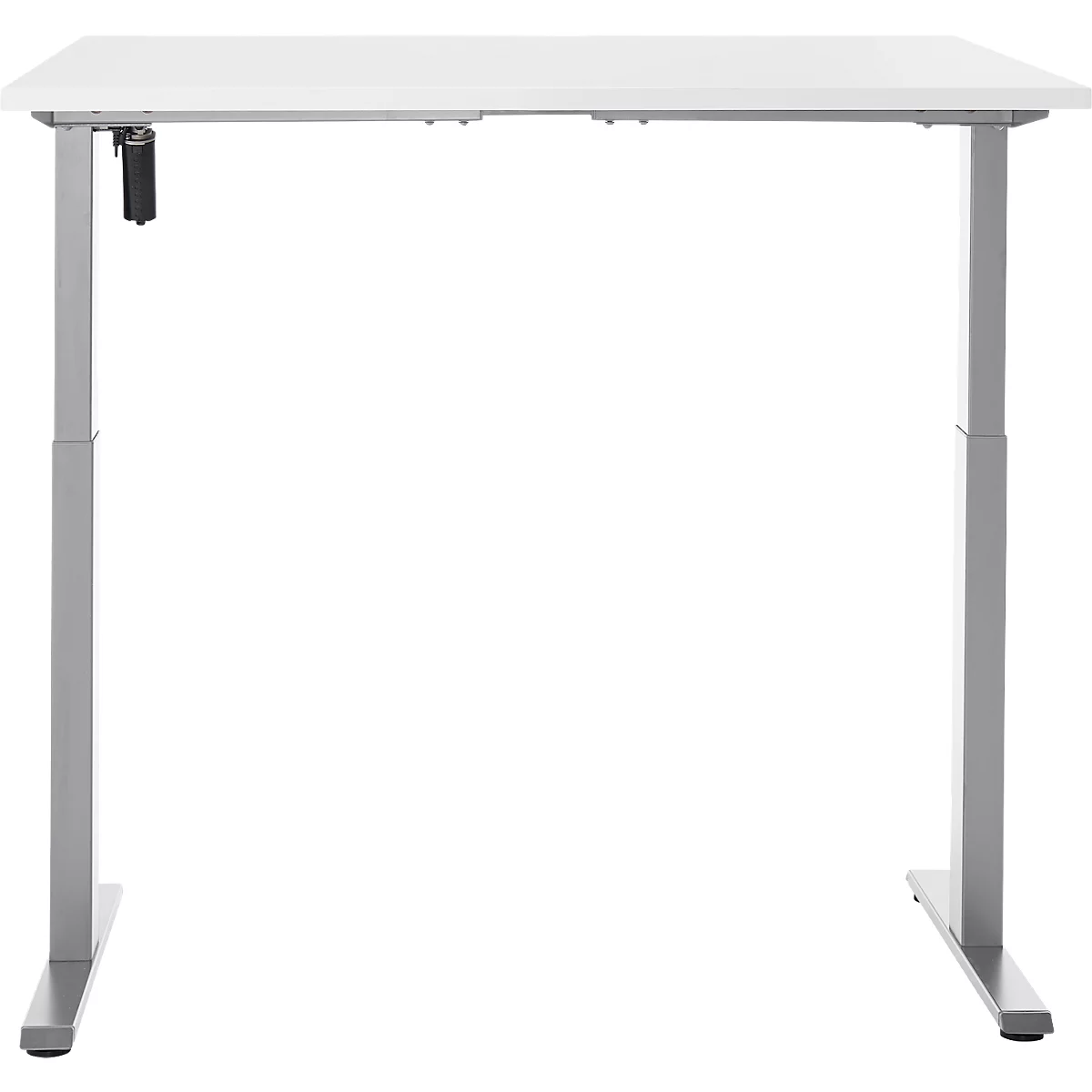 Een witte, in hoogte verstelbare bureau met zilveren poten, staande tegen een witte achtergrond.