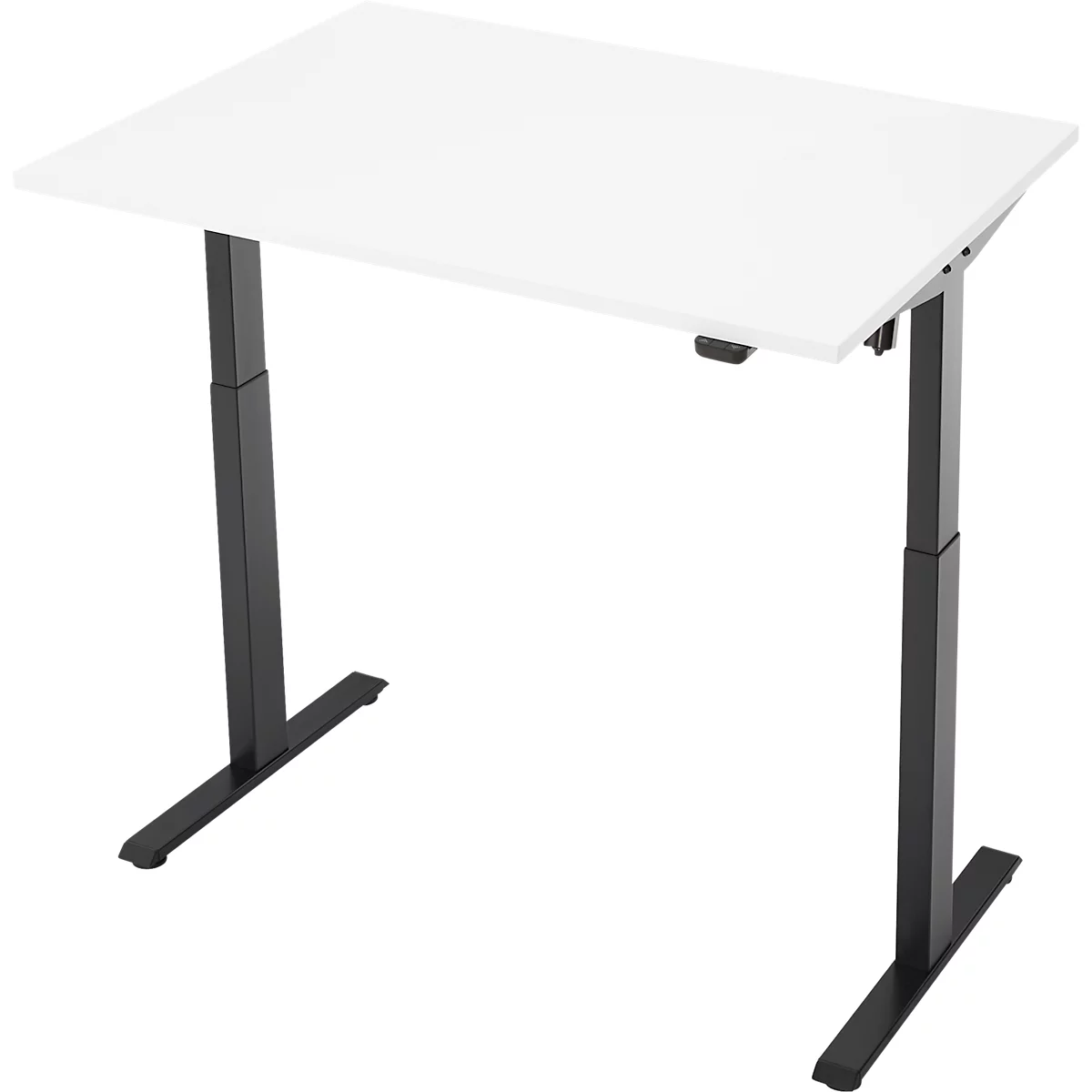 Witte bureau met zwarte, in hoogte verstelbare poten.