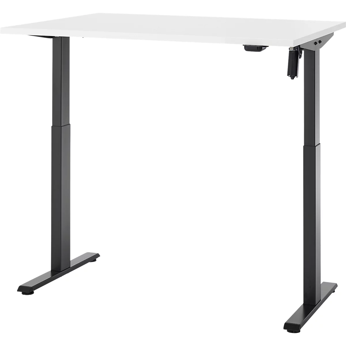 Een witte in hoogte verstelbare bureau met zwarte poten. Detail: bedieningselementen en bureaubenen.