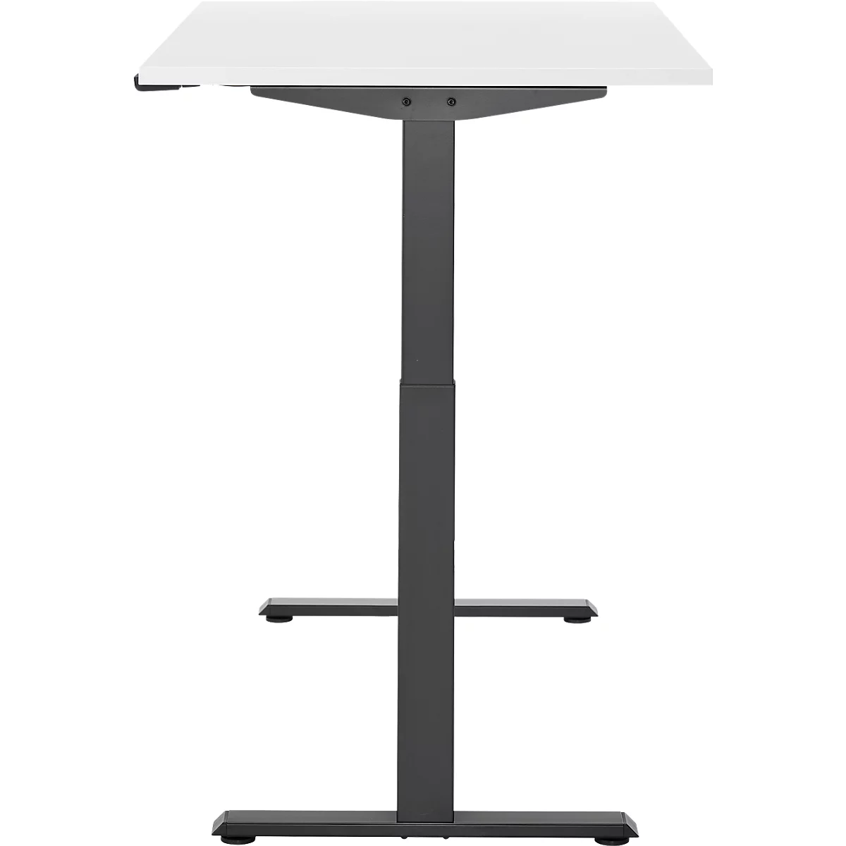 Een in hoogte verstelbaar bureau met een wit tafelblad en een donker metalen frame, tegen een witte achtergrond.