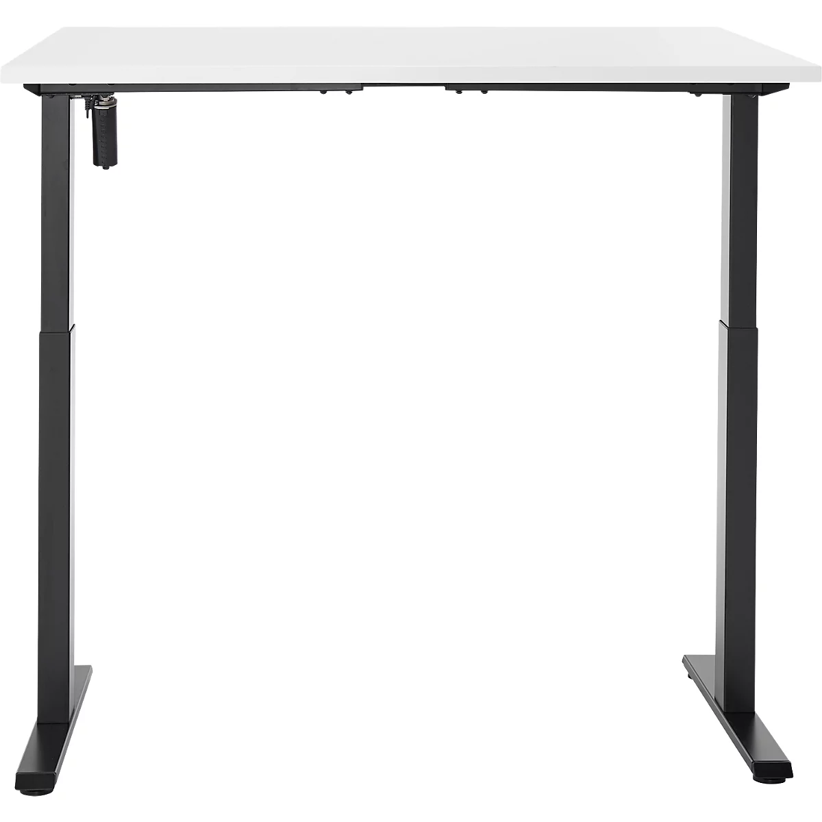 Een in hoogte verstelbaar bureau met een wit tafelblad en zwart frame, tegen een witte achtergrond.