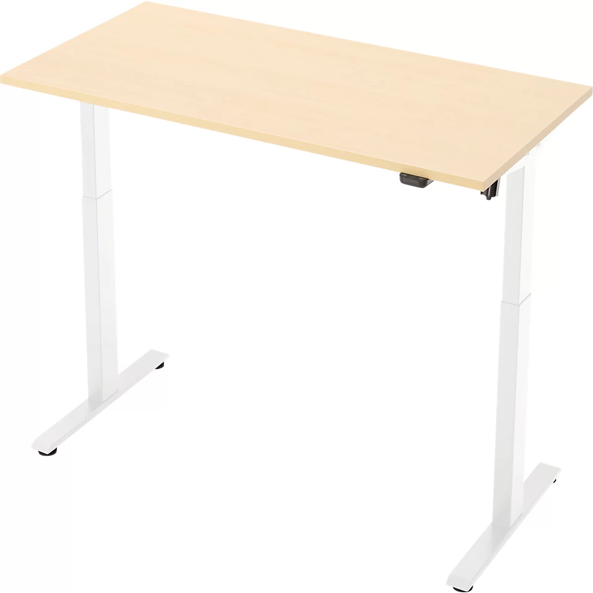 Een in hoogte verstelbaar bureau met een lichtbruin tafelblad en witte poten.