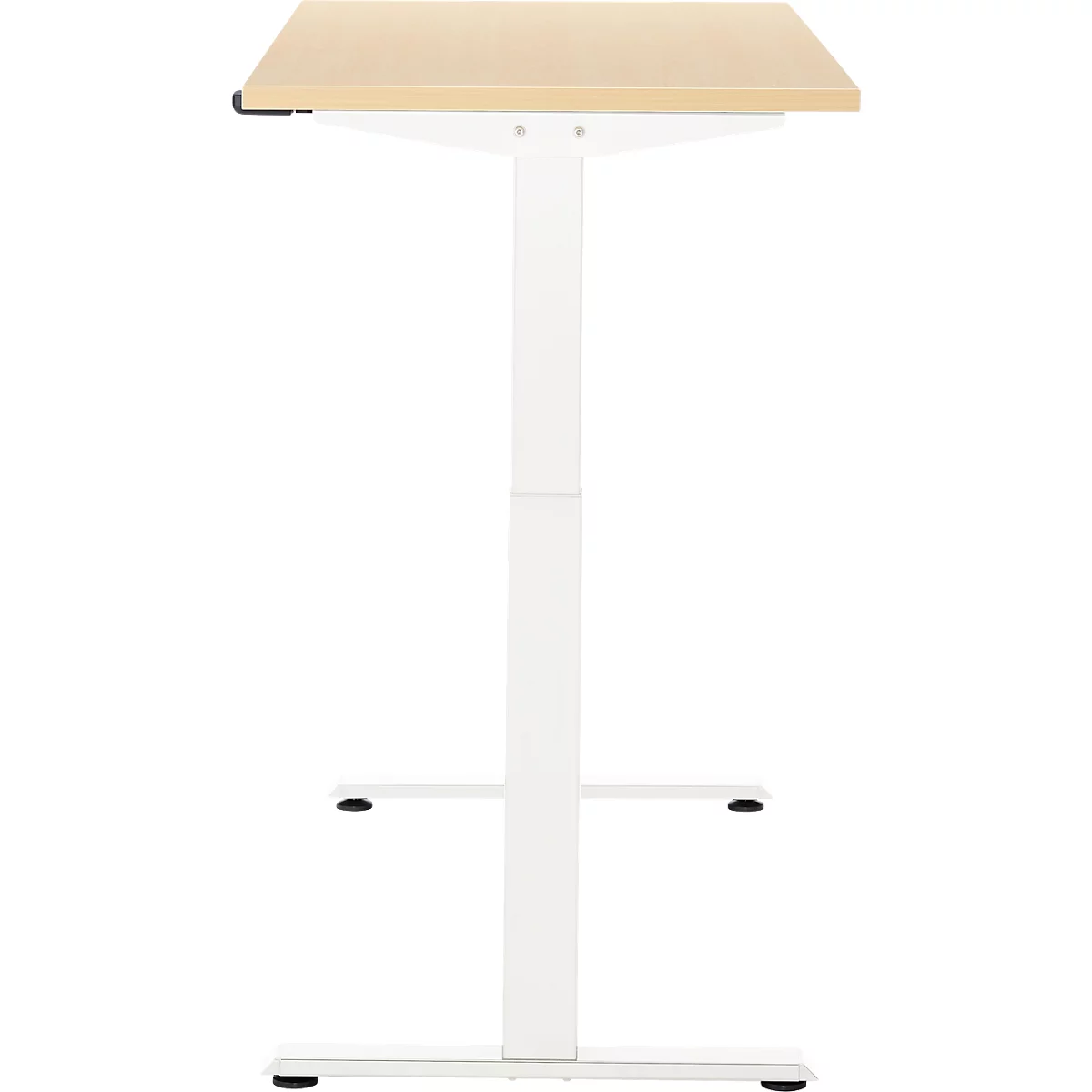 Statafel met licht houten blad, wit frame, zwart accent en rechthoekige vorm.