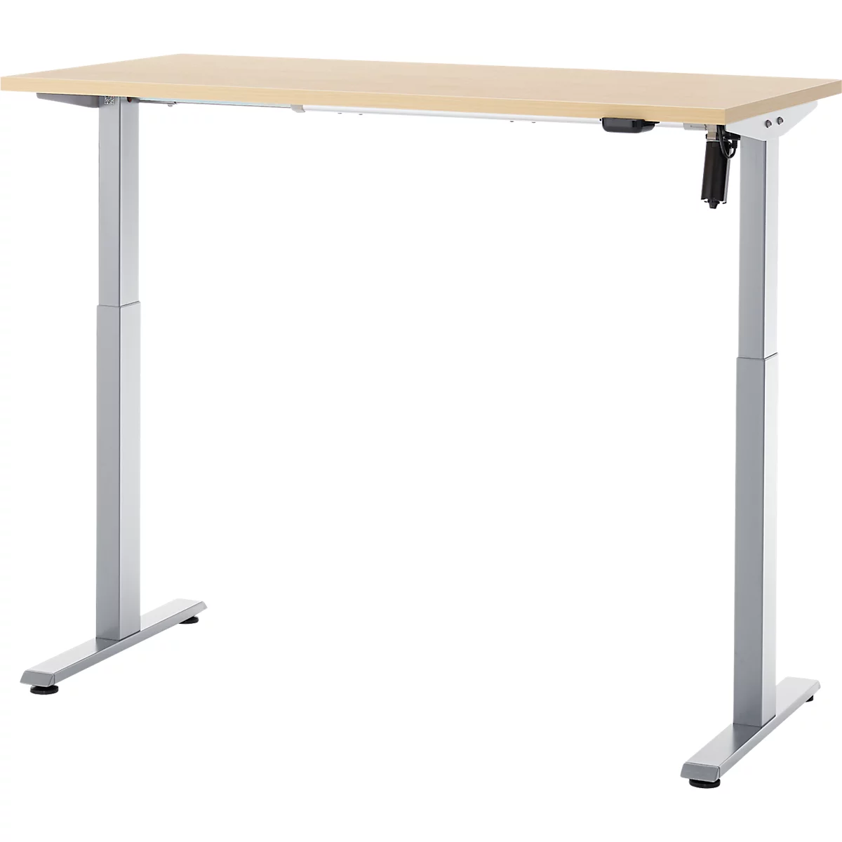 In hoogte verstelbaar bureau met een lichtbruin tafelblad en zilveren poten.