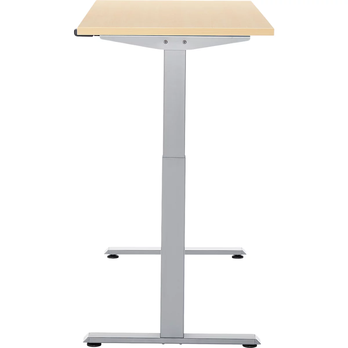 Een in hoogte verstelbaar bureau met een lichtbruin tafelblad en een grijs frame.
