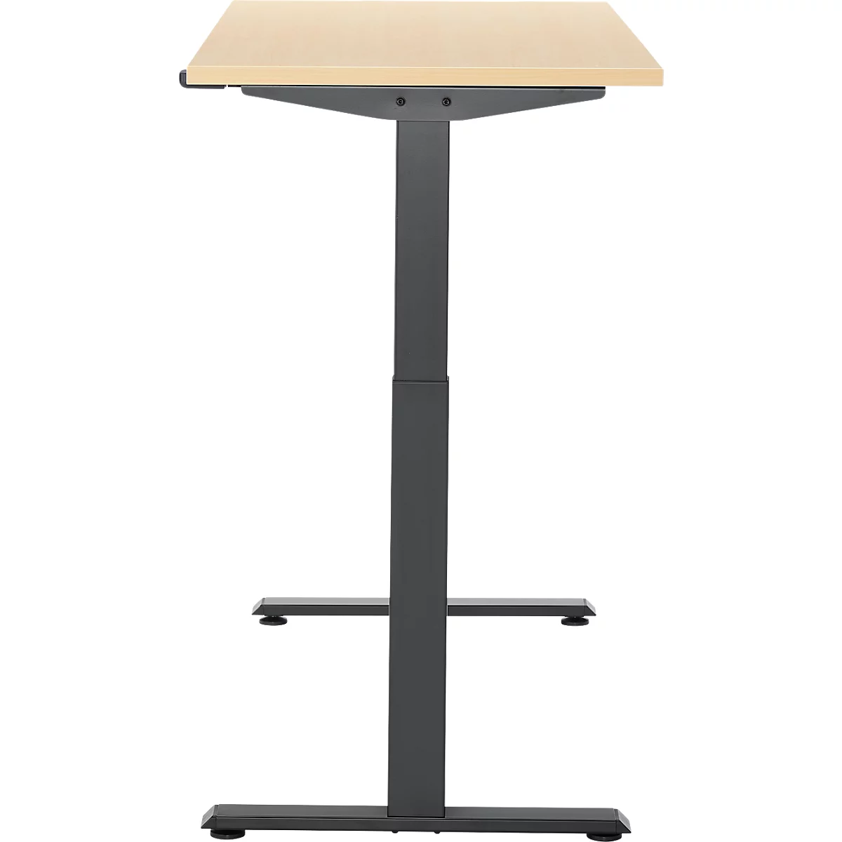 In hoogte verstelbare statafel, licht houten blad, grijs frame, neutrale achtergrond.