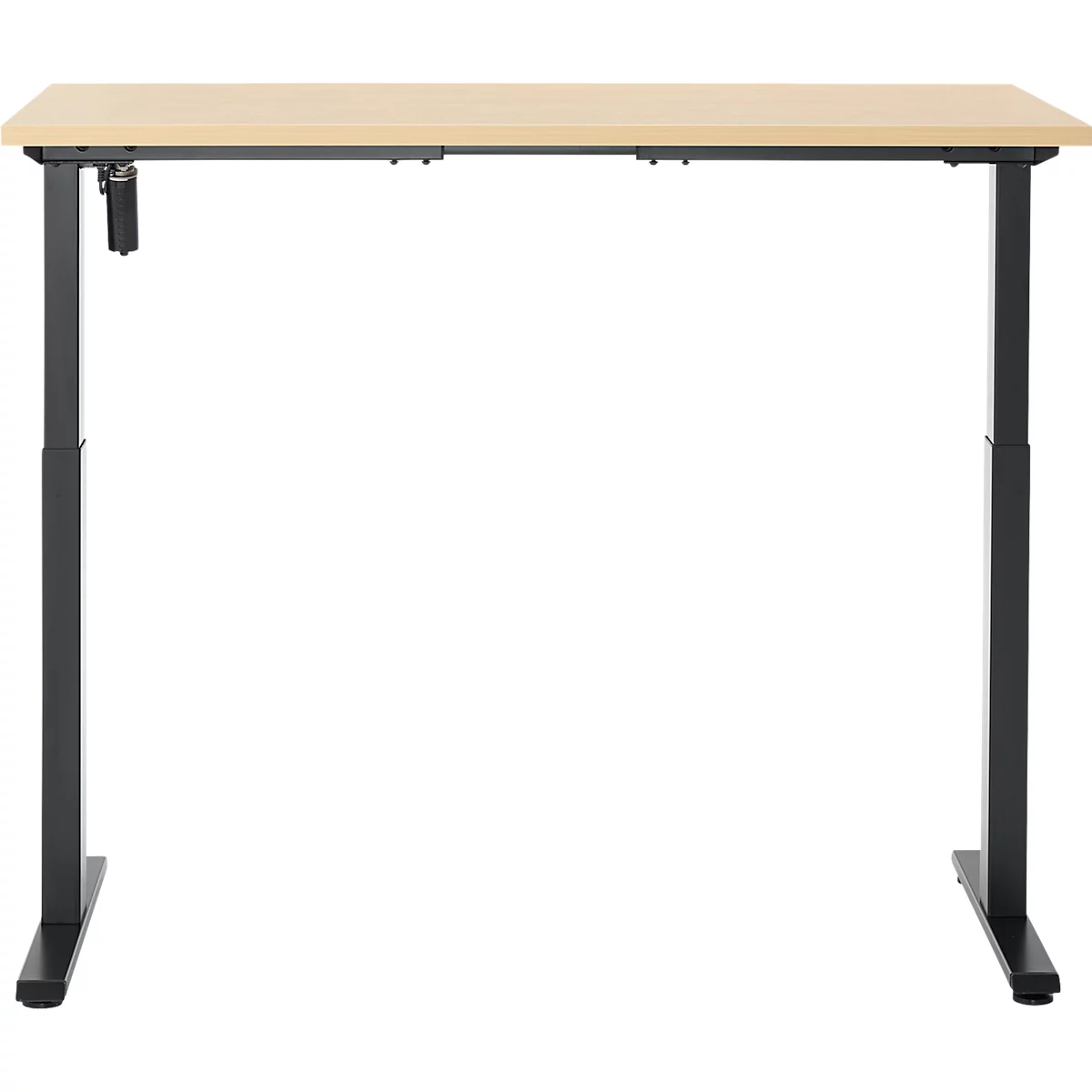 Een in hoogte verstelbaar bureau met een lichtbruin tafelblad en zwarte poten, tegen een witte achtergrond.