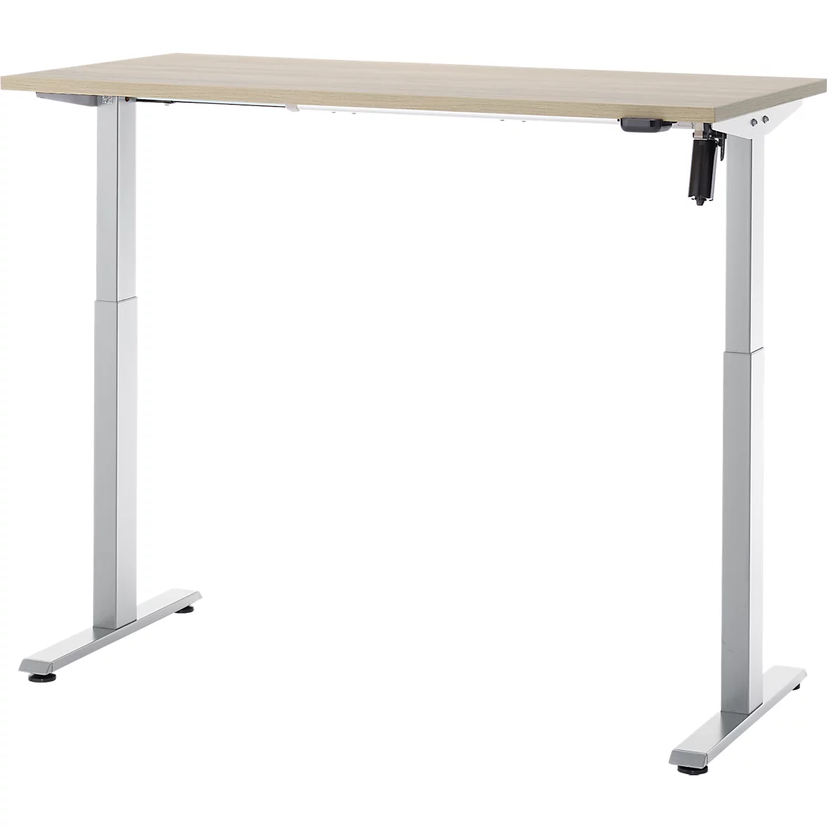 In hoogte verstelbaar bureau met licht houten blad en zilveren metalen poten.