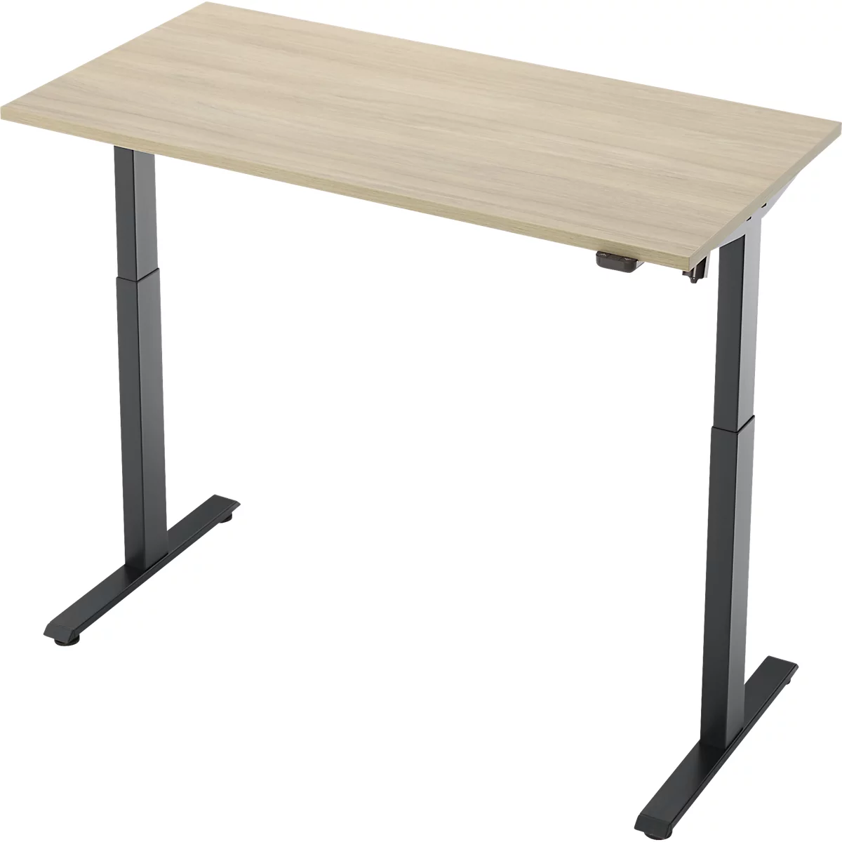 Een in hoogte verstelbaar bureau met een licht houten blad en zwarte metalen poten. Aan de zijkant bevindt zich een bedieningspaneel.