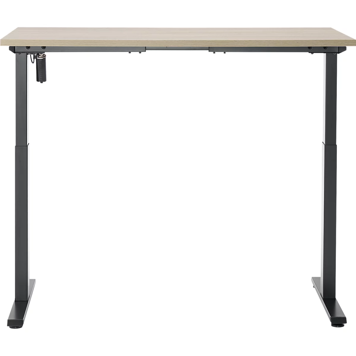 Een in hoogte verstelbaar bureau, lichtbruin tafelblad op een antracietkleurig frame. Het frame is een rechthoek.