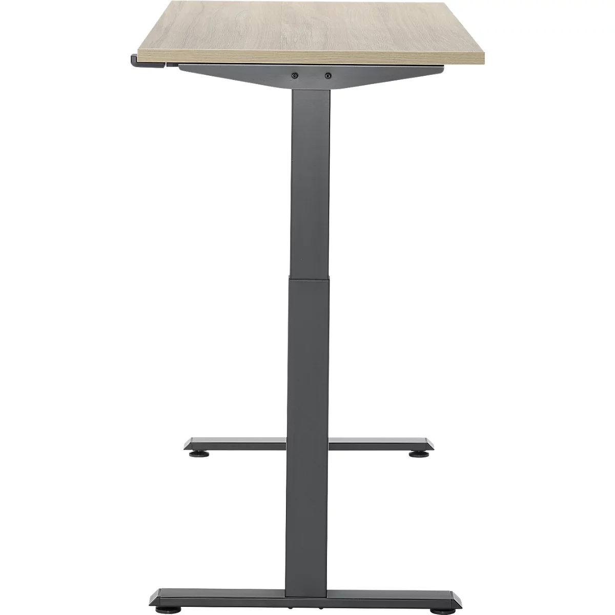 Statafel met lichtbruin tafelblad en grijs frame. De tafel is in hoogte verstelbaar.