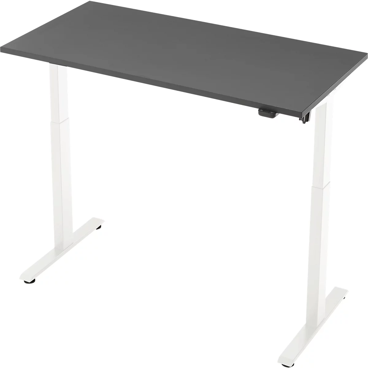 Grijs bureau met witte poten. Het tafelblad is rechthoekig en de poten zijn in hoogte verstelbaar.