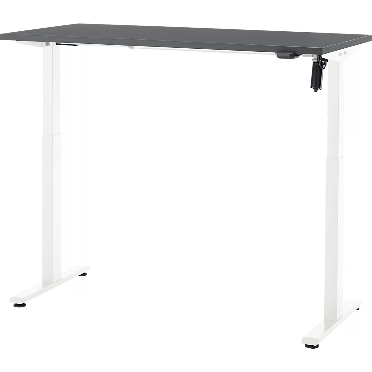 Een in hoogte verstelbaar bureau, grijs tafelblad, witte poten.